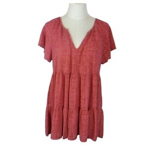 Knox Rose Women's Size Large Red Tunic V Neck Tiered Cap Sleeve Blouse Pockets